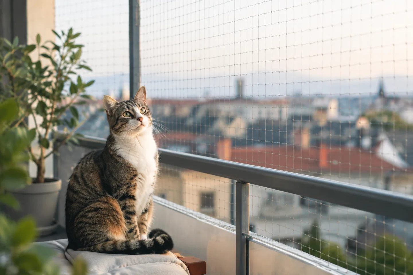 Chat assis sur un balcon d’appartement sécurisé par un filet de protection, vue sur les toits