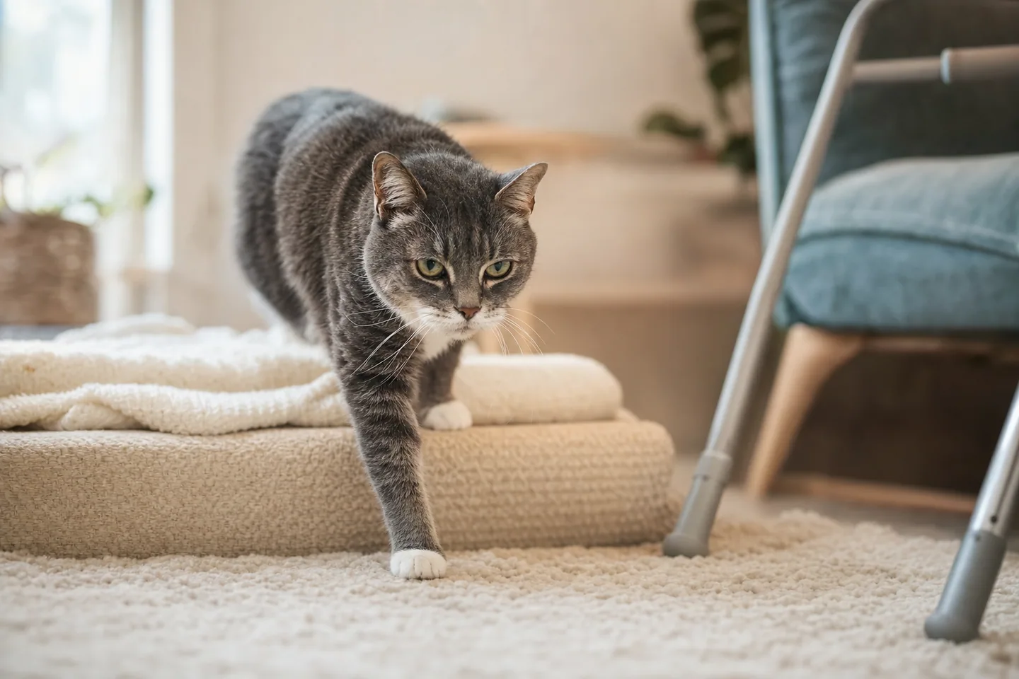 Chat senior descendant prudemment d’une marche basse rembourrée dans un intérieur chaleureux